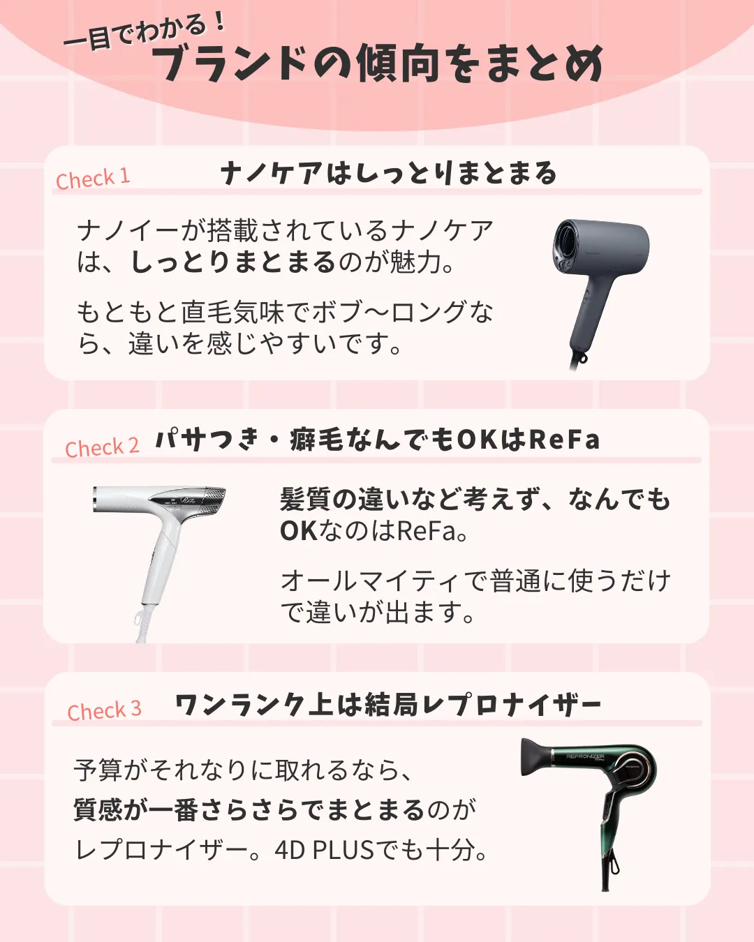 ナノケアはまとまり・ReFaは万能・レプロナイザーはワンランク上、とブランドの特徴をまとめた画像